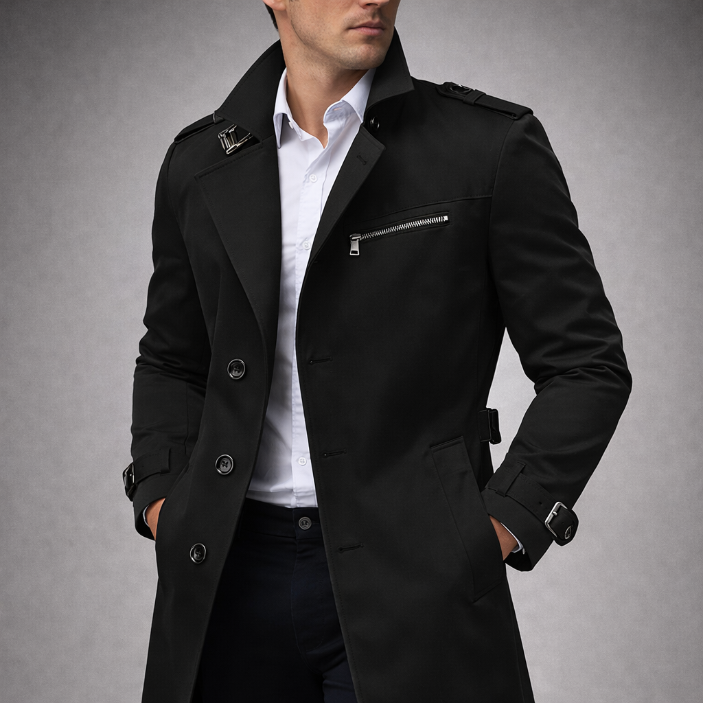 Man wearing a black coat over a white shirt on a gray background
