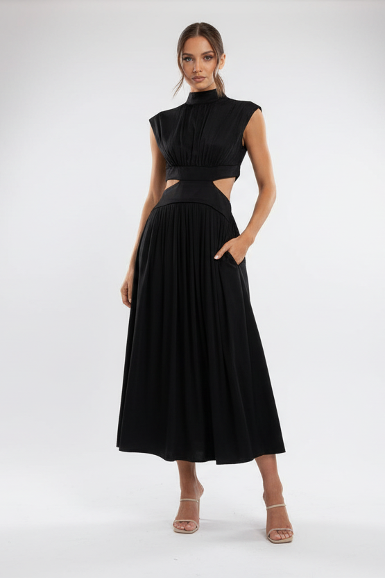 Blaise midi dress with stand neck, pleated skirt, and waist hollow-out