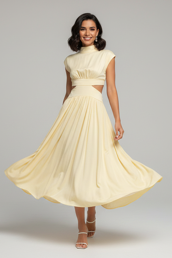 Blaise midi dress with stand neck, pleated skirt, and waist hollow-out