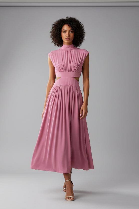 Blaise midi dress with stand neck, pleated skirt, and waist hollow-out