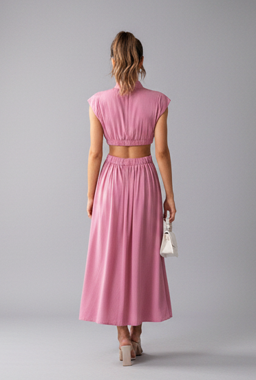 Blaise midi dress with stand neck, pleated skirt, and waist hollow-out