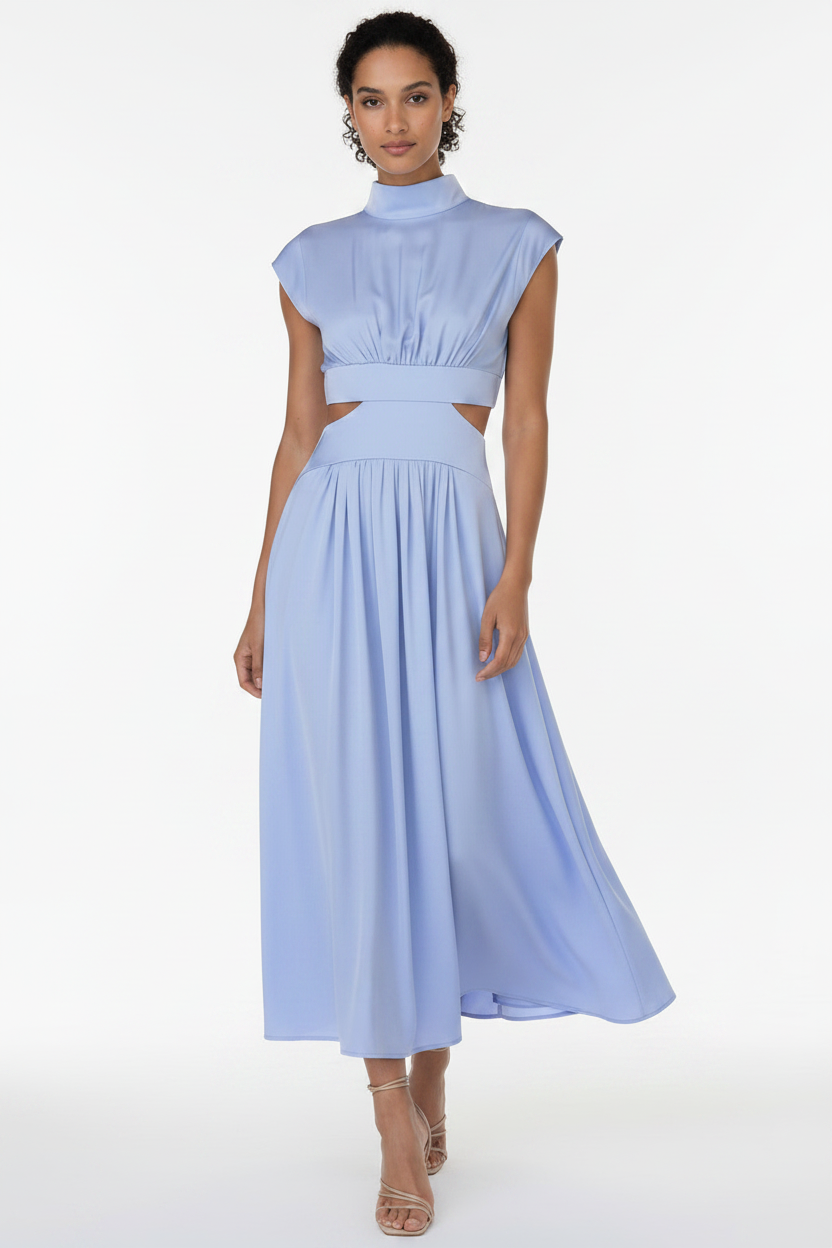 Blaise midi dress with stand neck, pleated skirt, and waist hollow-out