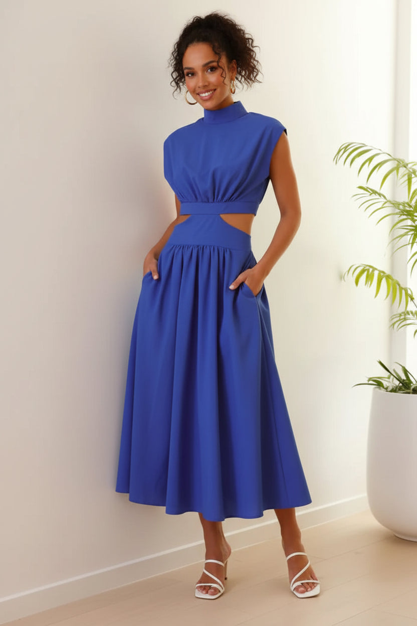 Blaise midi dress with stand neck, pleated skirt, and waist hollow-out