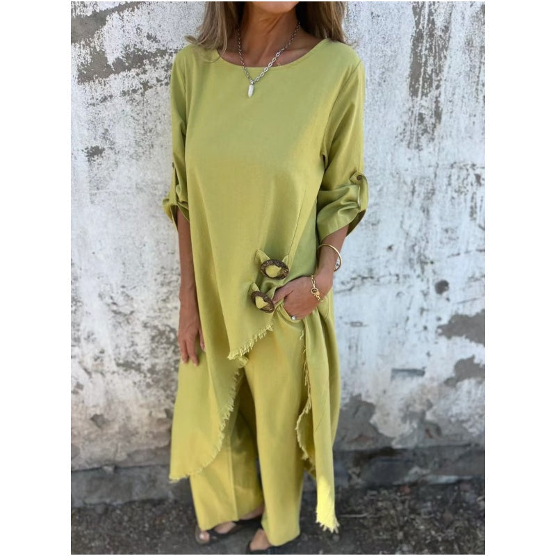 Women wearing breathable cotton and linen two-piece pants set in yellow