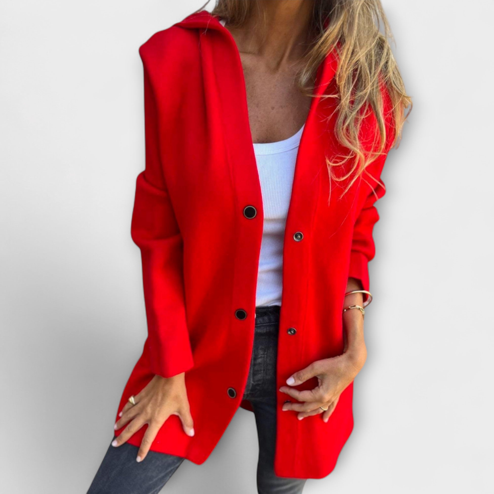 Women wearing a hooded single-breasted casual jacket