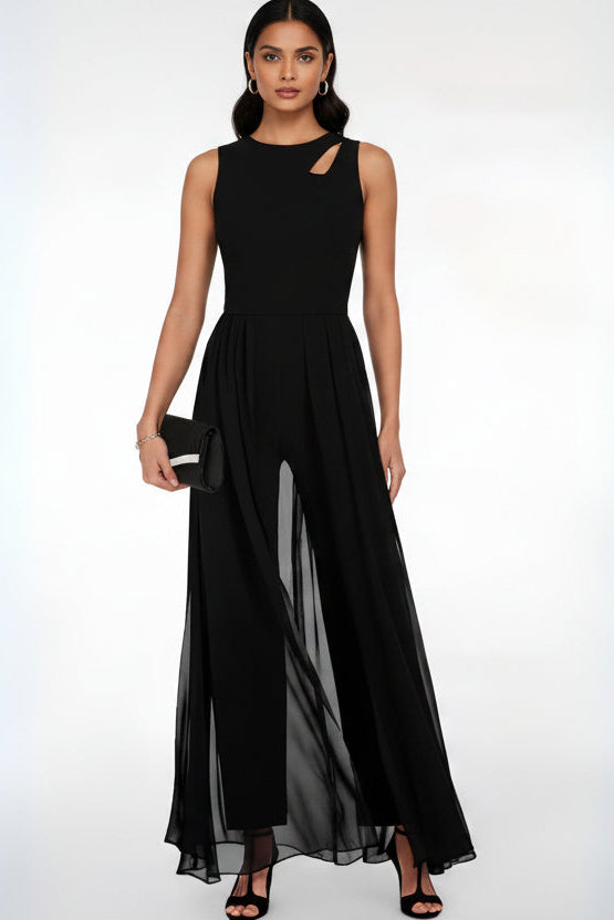 Women’s sleeveless flared jumpsuit with subtle shoulder detail