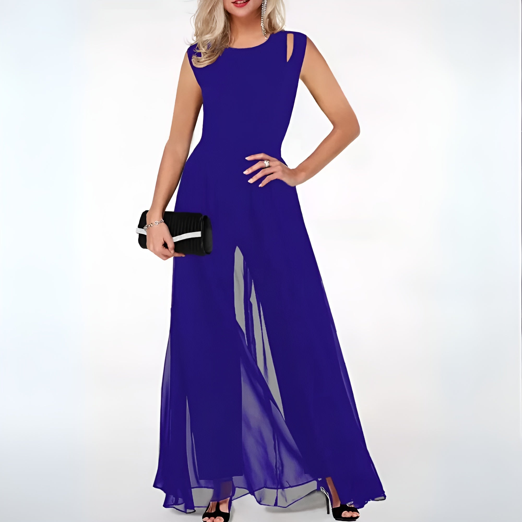 Women’s sleeveless flared jumpsuit with subtle shoulder detail