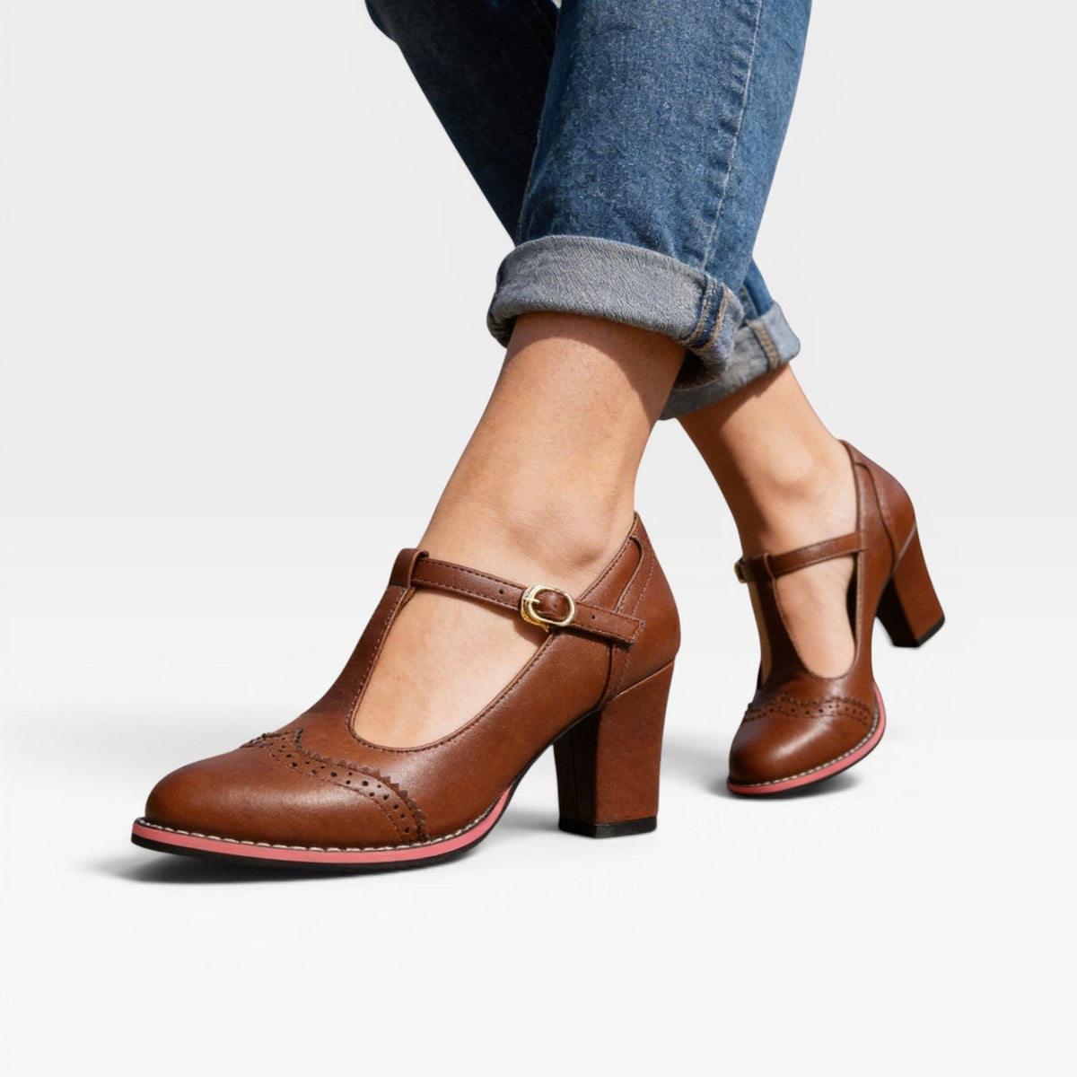 Women's T-Bar Mary Jane Block Heels – Vintage Brogue Pumps | Framley