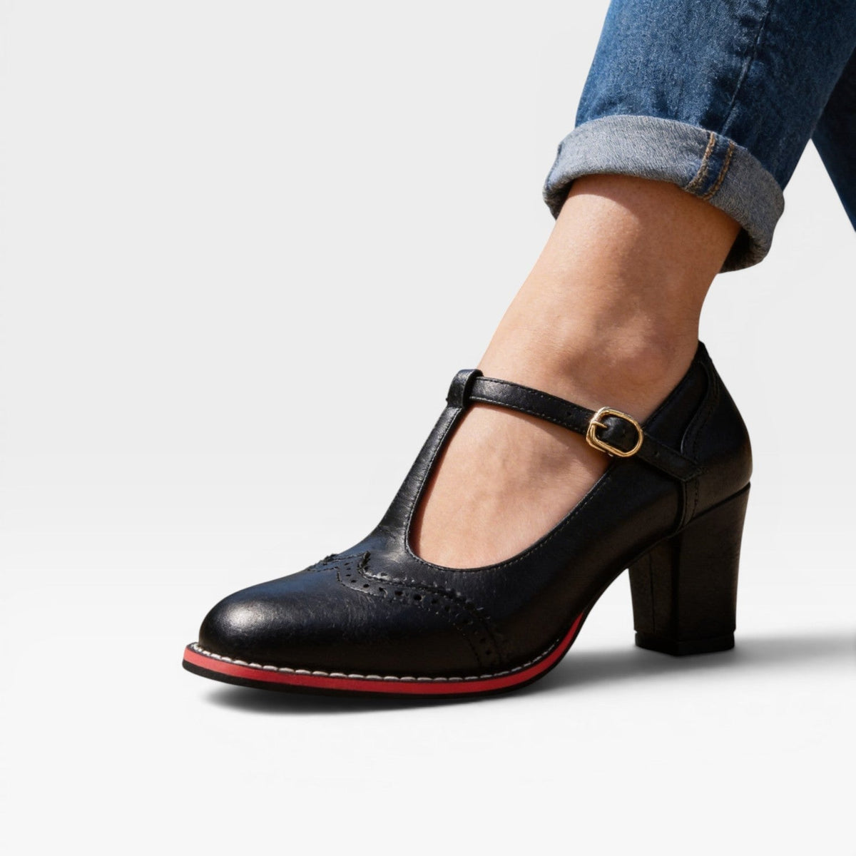 Women's T-Bar Mary Jane Block Heels – Vintage Brogue Pumps | Framley