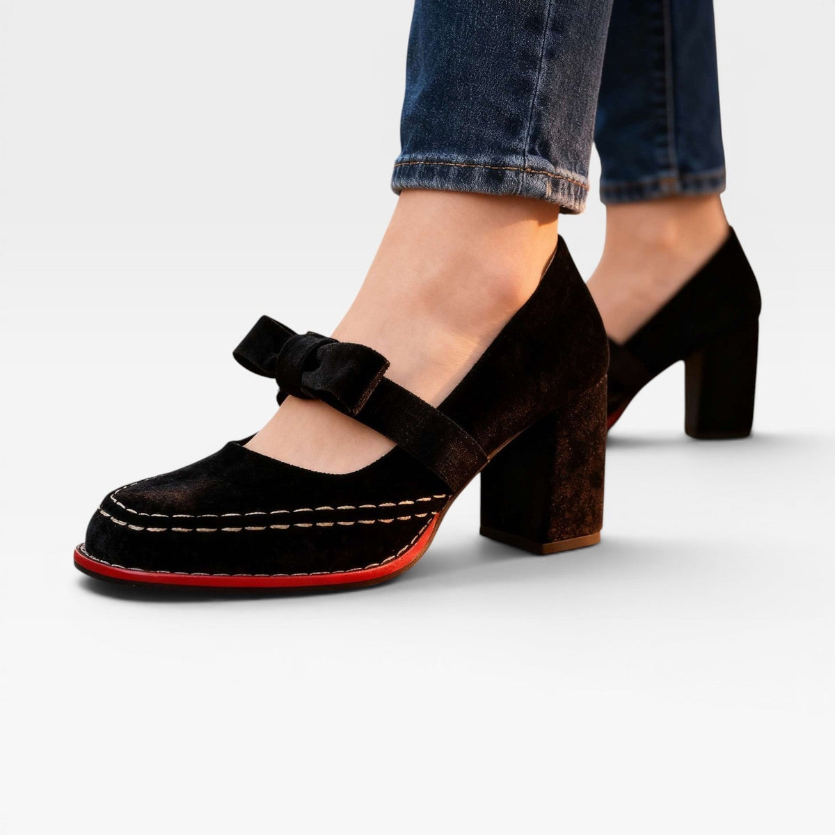 Women's Velvet Mary Jane Block Heel Pumps with Bow – Party Shoes | Garsington