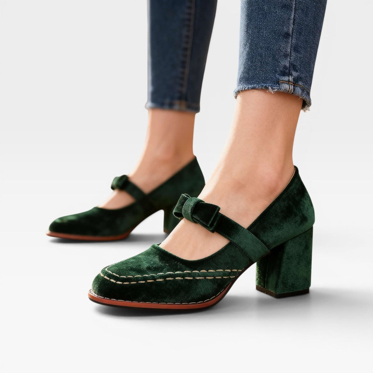 Women's Velvet Mary Jane Block Heel Pumps with Bow – Party Shoes | Garsington