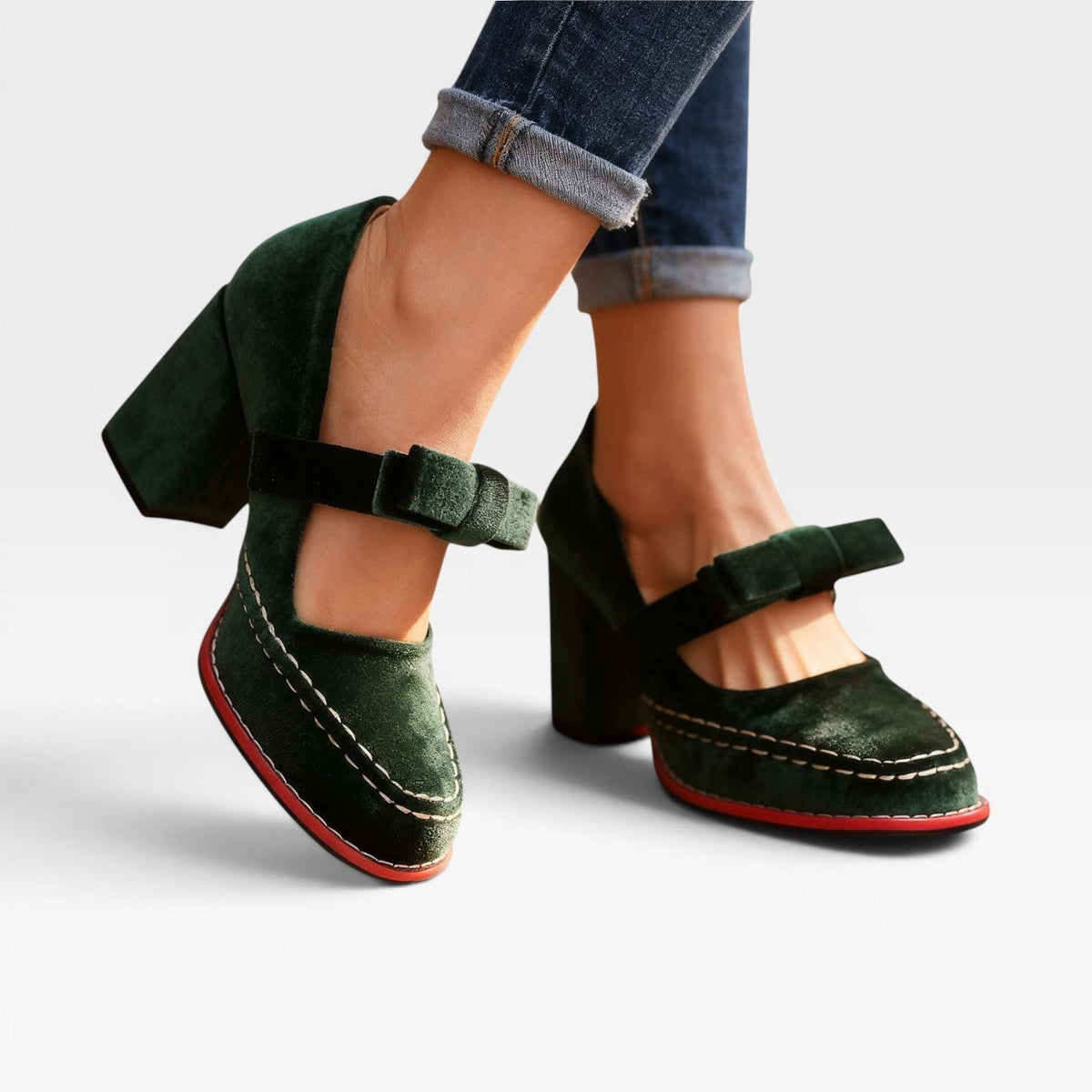 Women's Velvet Mary Jane Block Heel Pumps with Bow – Party Shoes | Garsington
