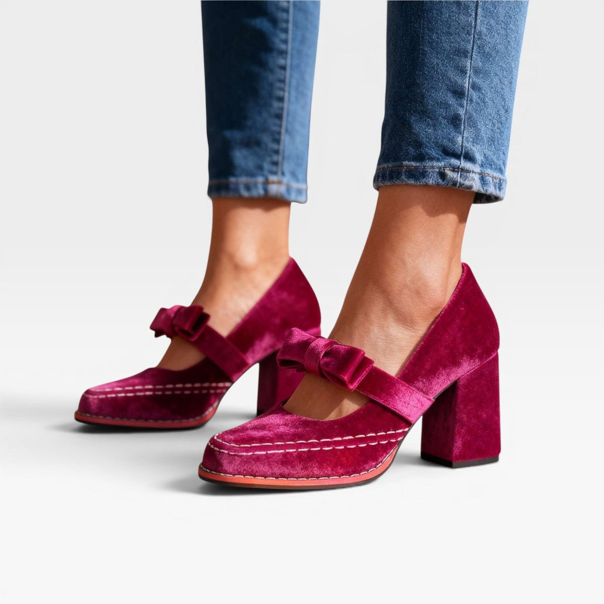 Women's Velvet Mary Jane Block Heel Pumps with Bow – Party Shoes | Garsington