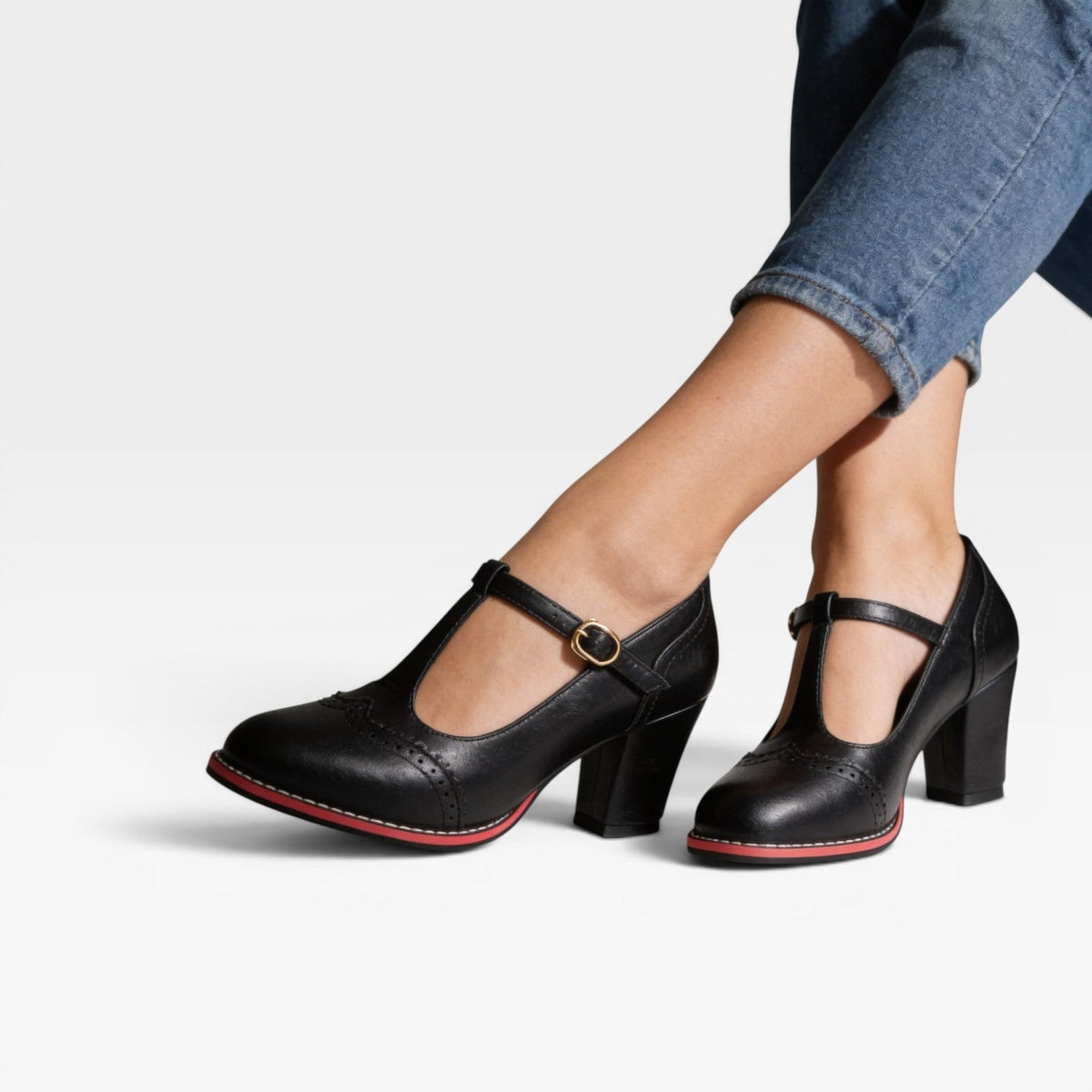 Women's T-Bar Mary Jane Block Heels – Vintage Brogue Pumps | Framley