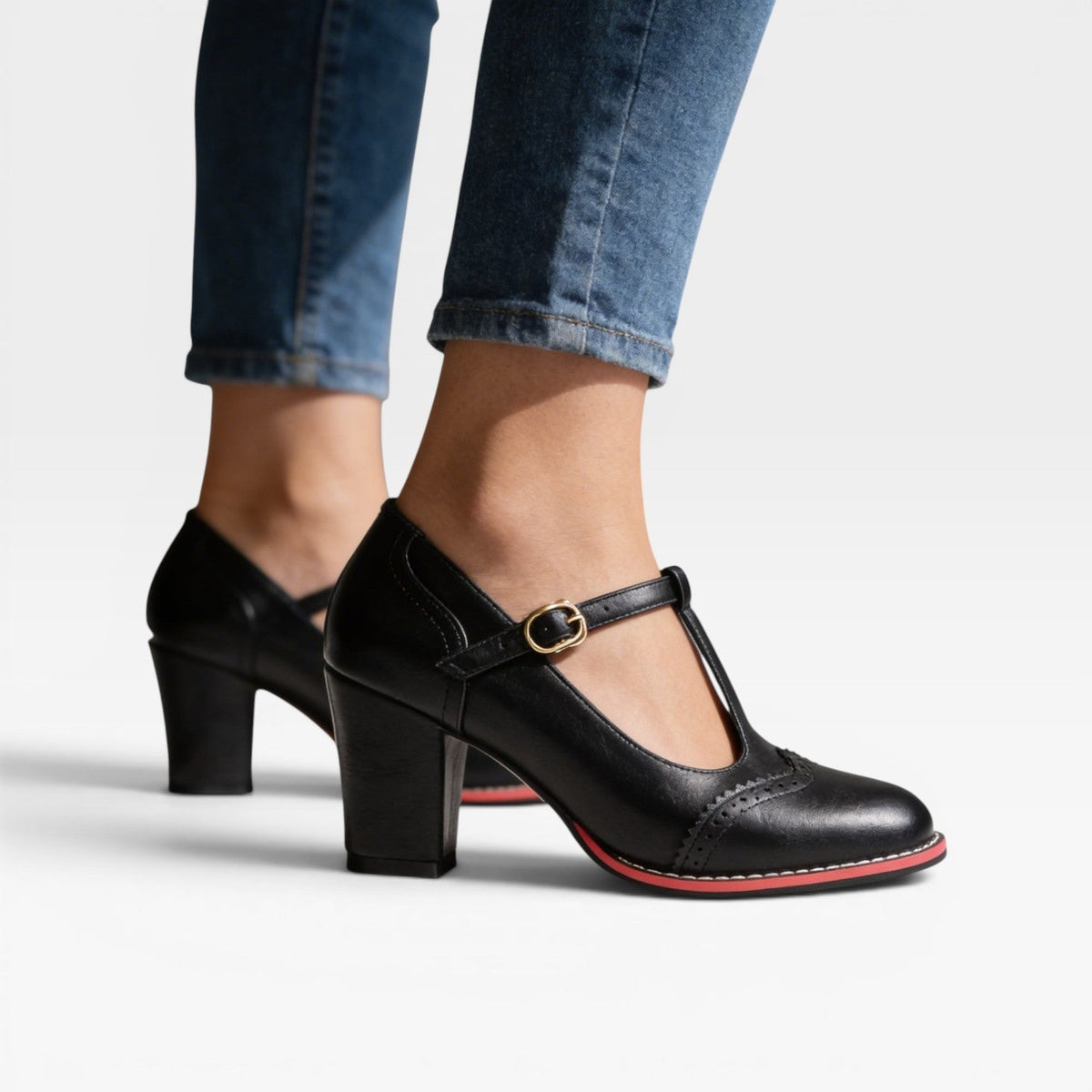 Women's T-Bar Mary Jane Block Heels – Vintage Brogue Pumps | Framley