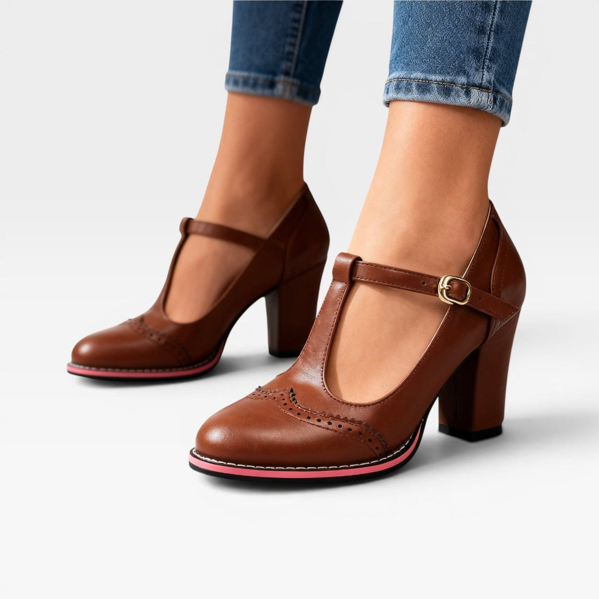 Women's T-Bar Mary Jane Block Heels – Vintage Brogue Pumps | Framley