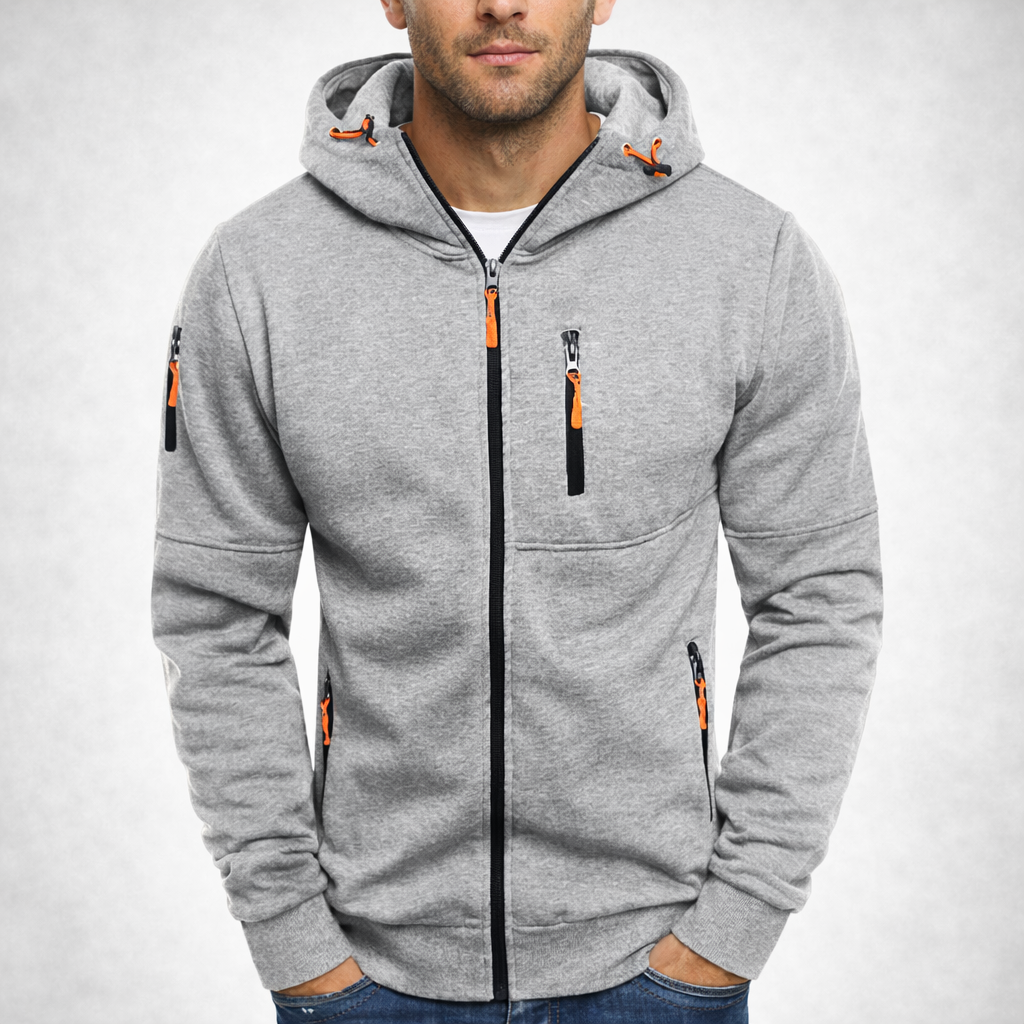Gray hoodie with orange accents on a white background