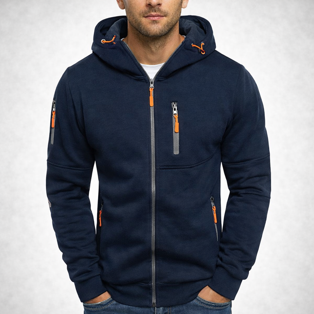 Navy blue hoodie with orange accents on a white background