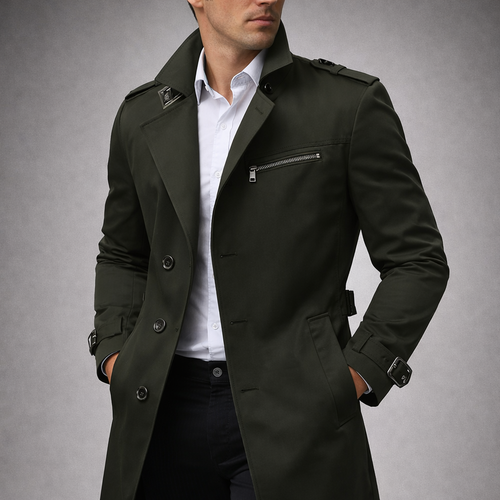 Man wearing a black trench coat over a white shirt on a gray background