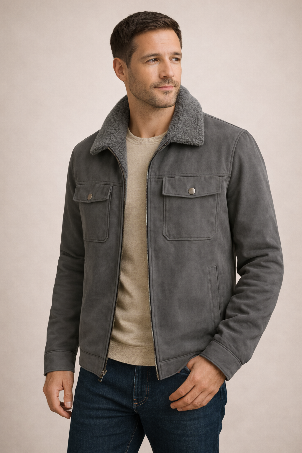 Man wearing a gray jacket with a fur collar against a beige background