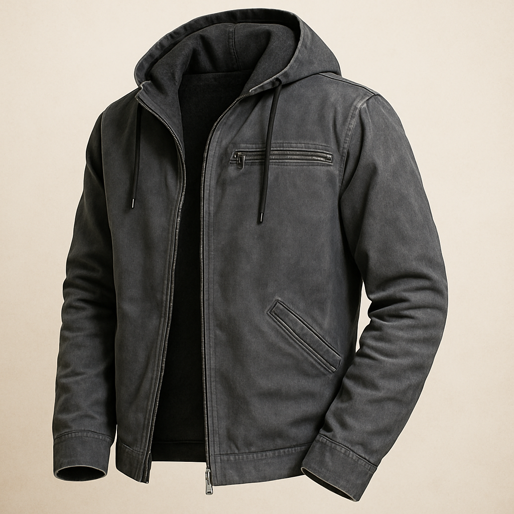 Dark gray jacket with a hood on a beige background