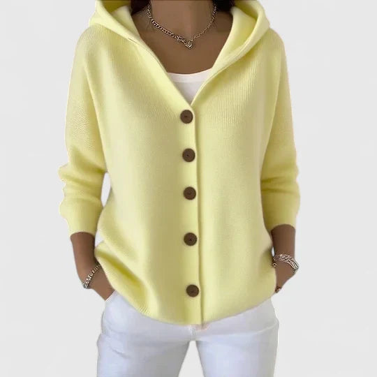 Women wearing a hooded button cardigan with relaxed fit
