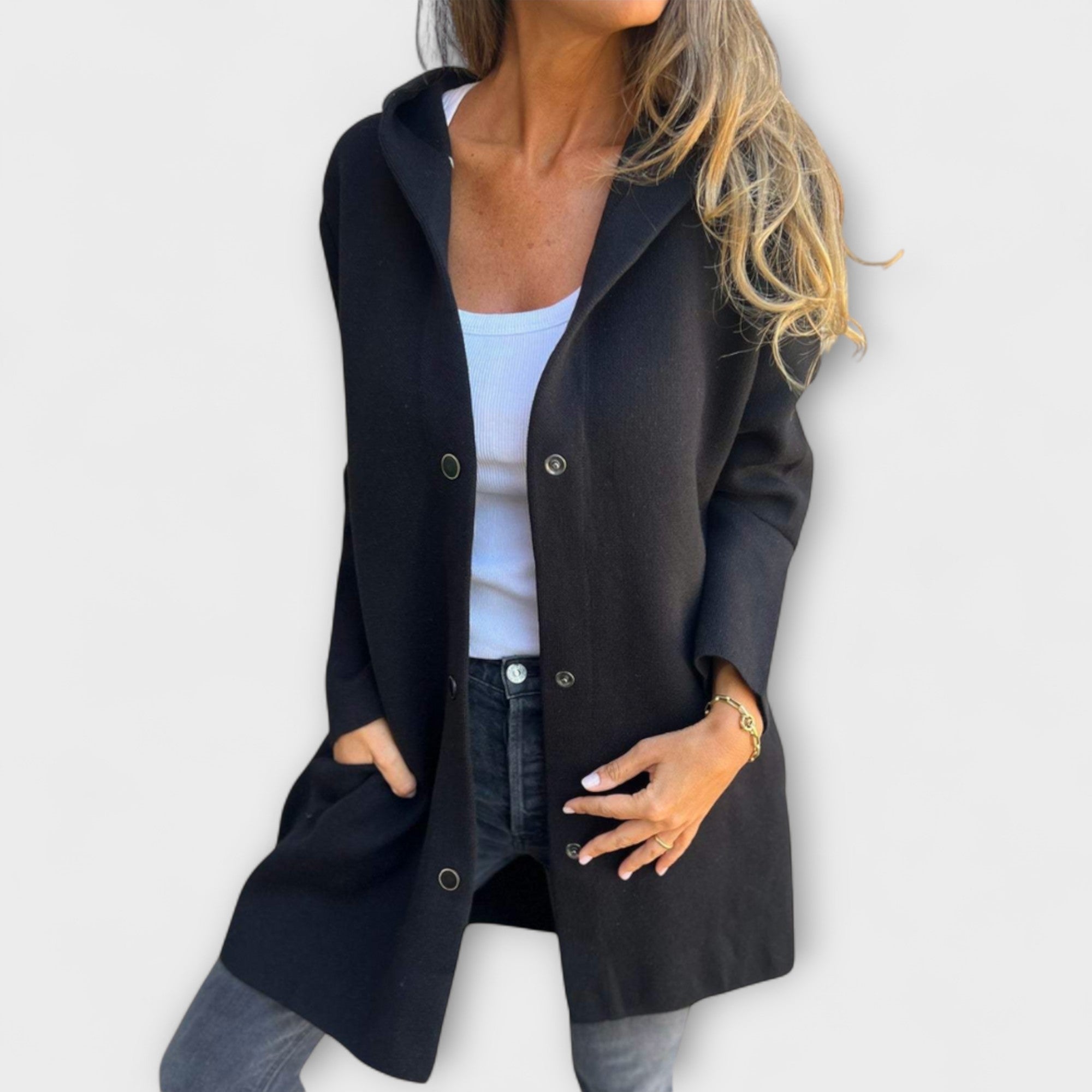 Women wearing a hooded single-breasted casual jacket