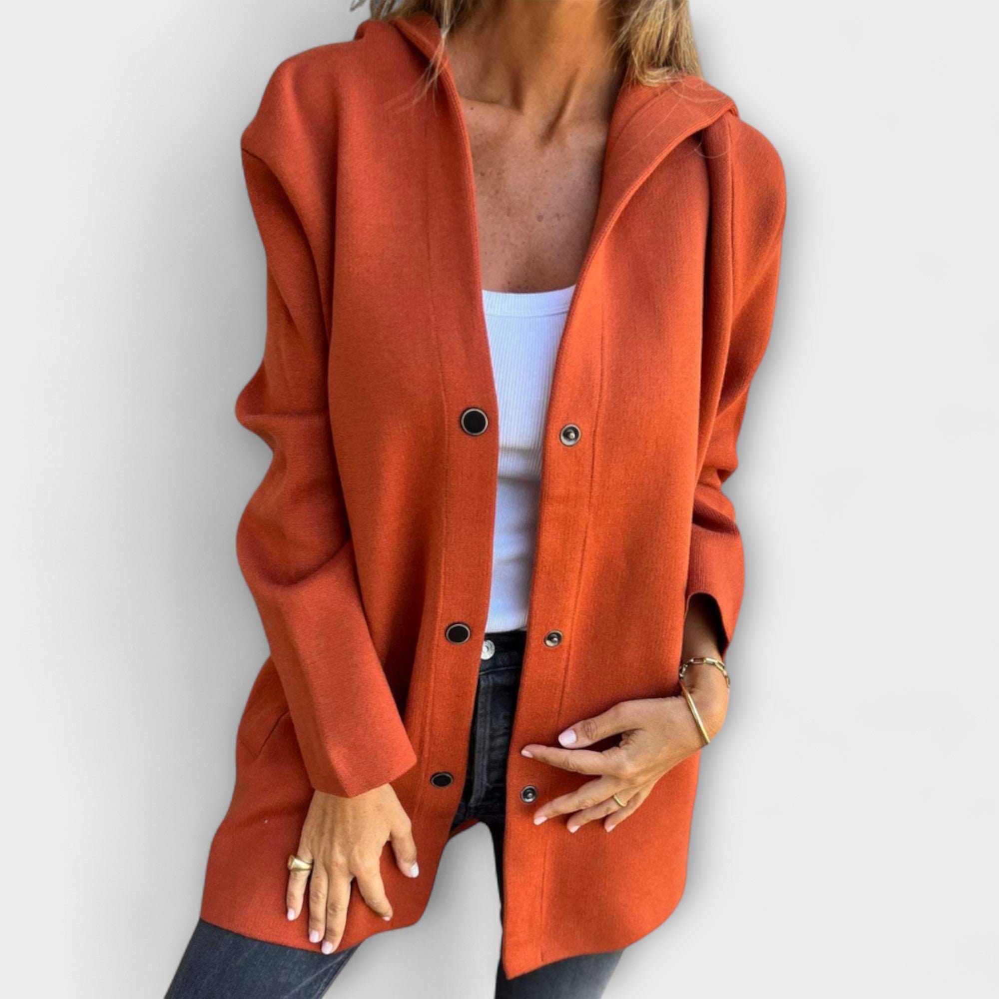Women wearing a hooded single-breasted casual jacket