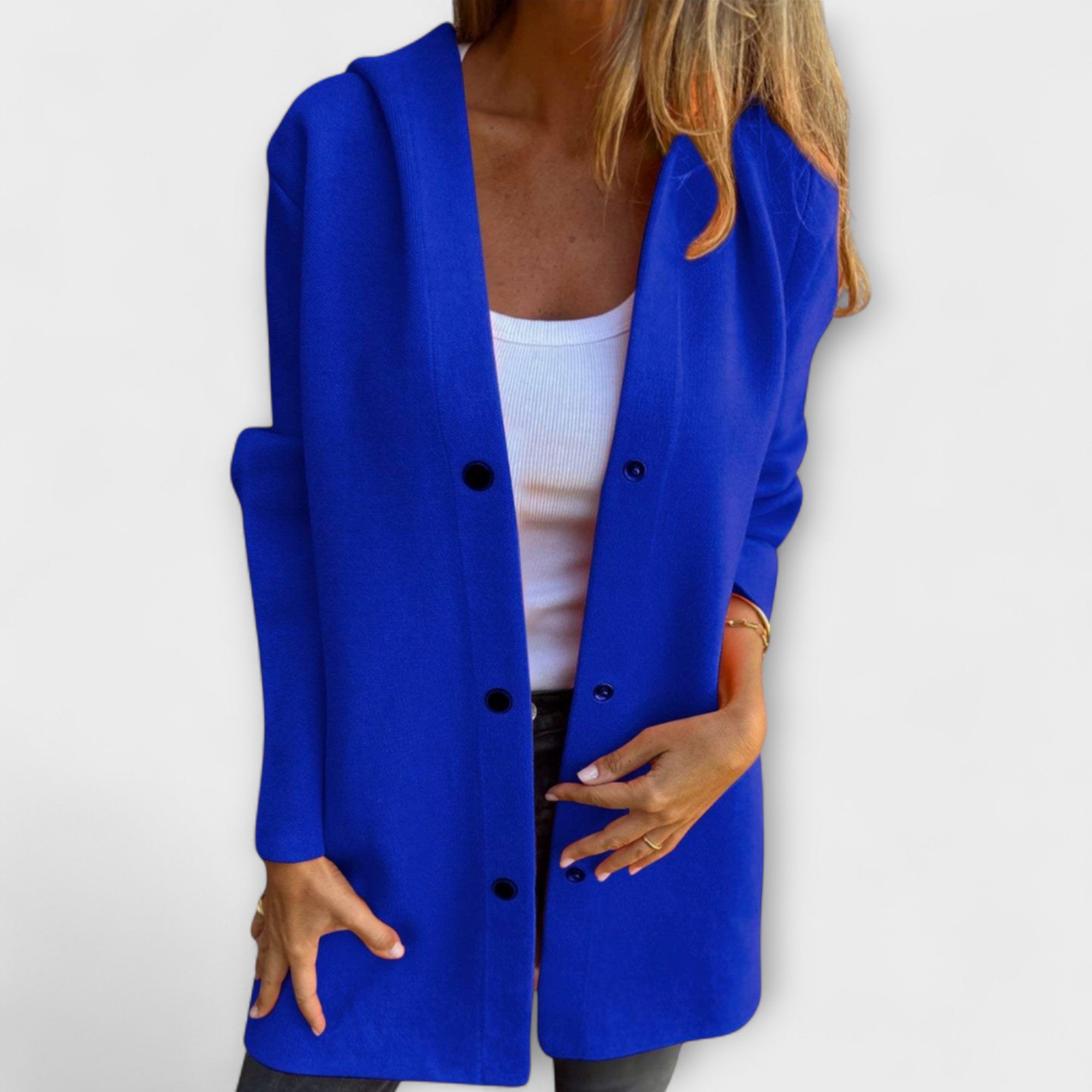 Women wearing a hooded single-breasted casual jacket