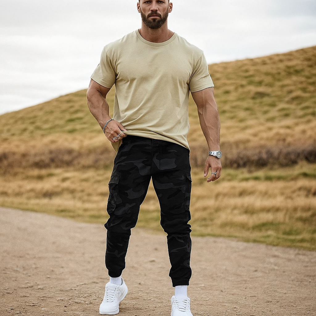 Men’s durable camo cargo work pants with multiple pockets, straight-leg fit, and rugged cotton-polyester fabric for work, outdoor activities, and everyday wear.