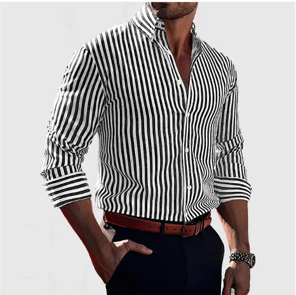 Men’s cotton blend striped button-up shirt with vertical stripes and a comfortable everyday fit.