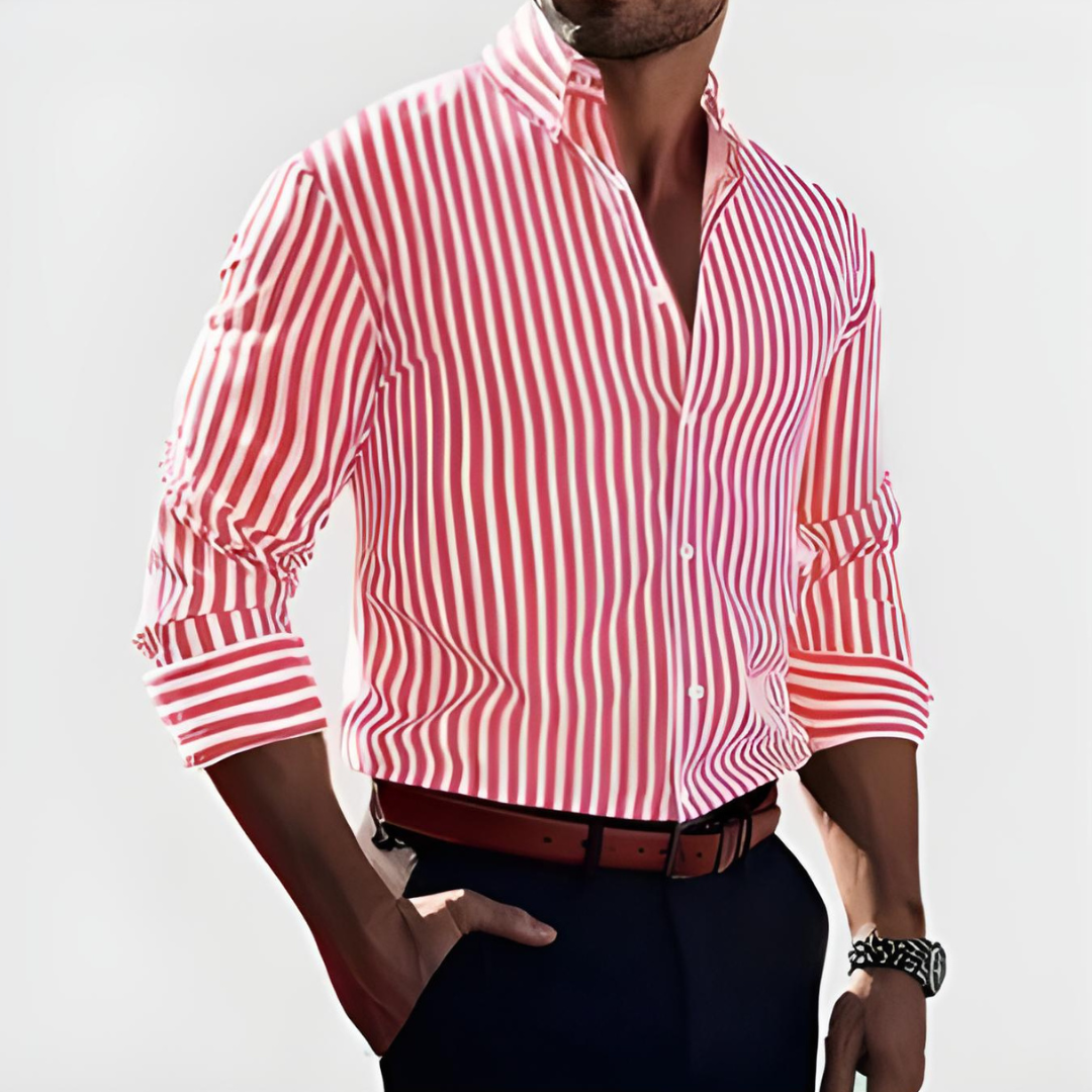 Men’s cotton blend striped button-up shirt with vertical stripes and a comfortable everyday fit.