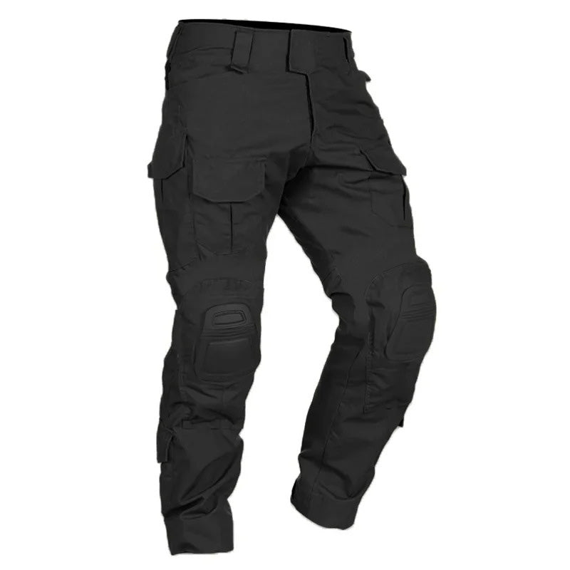 Men’s tactical cargo pants with integrated knee pads, adjustable straps, multiple pockets, and durable cotton-polyester fabric for outdoor work and rugged activities.