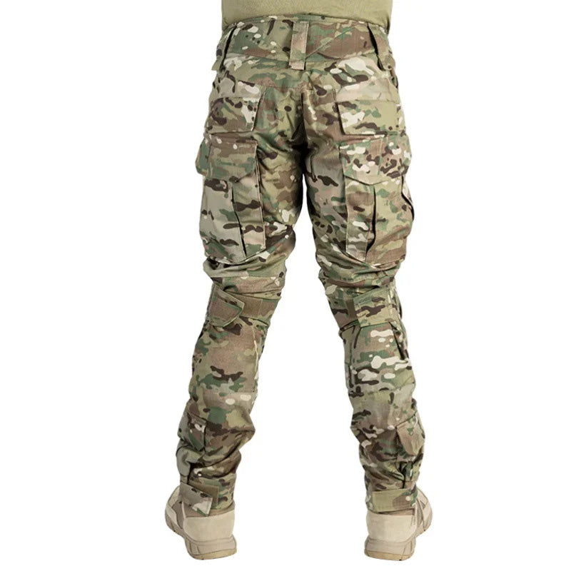 Men’s tactical cargo pants with integrated knee pads, adjustable straps, multiple pockets, and durable cotton-polyester fabric for outdoor work and rugged activities.
