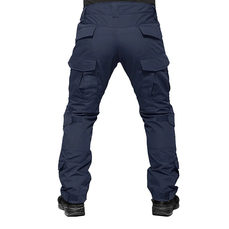 Men’s tactical cargo pants with integrated knee pads, adjustable straps, multiple pockets, and durable cotton-polyester fabric for outdoor work and rugged activities.