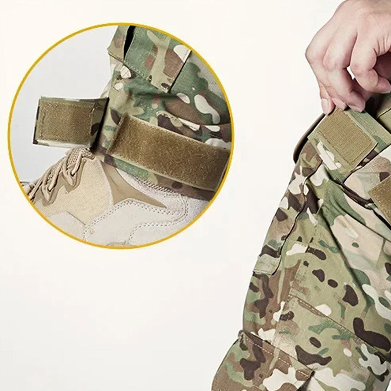 Men’s tactical cargo pants with integrated knee pads, adjustable straps, multiple pockets, and durable cotton-polyester fabric for outdoor work and rugged activities.