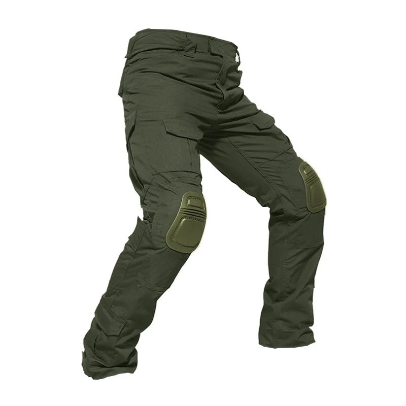 Men’s tactical cargo pants with integrated knee pads, adjustable straps, multiple pockets, and durable cotton-polyester fabric for outdoor work and rugged activities.