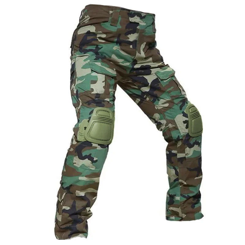 Men’s tactical cargo pants with integrated knee pads, adjustable straps, multiple pockets, and durable cotton-polyester fabric for outdoor work and rugged activities.