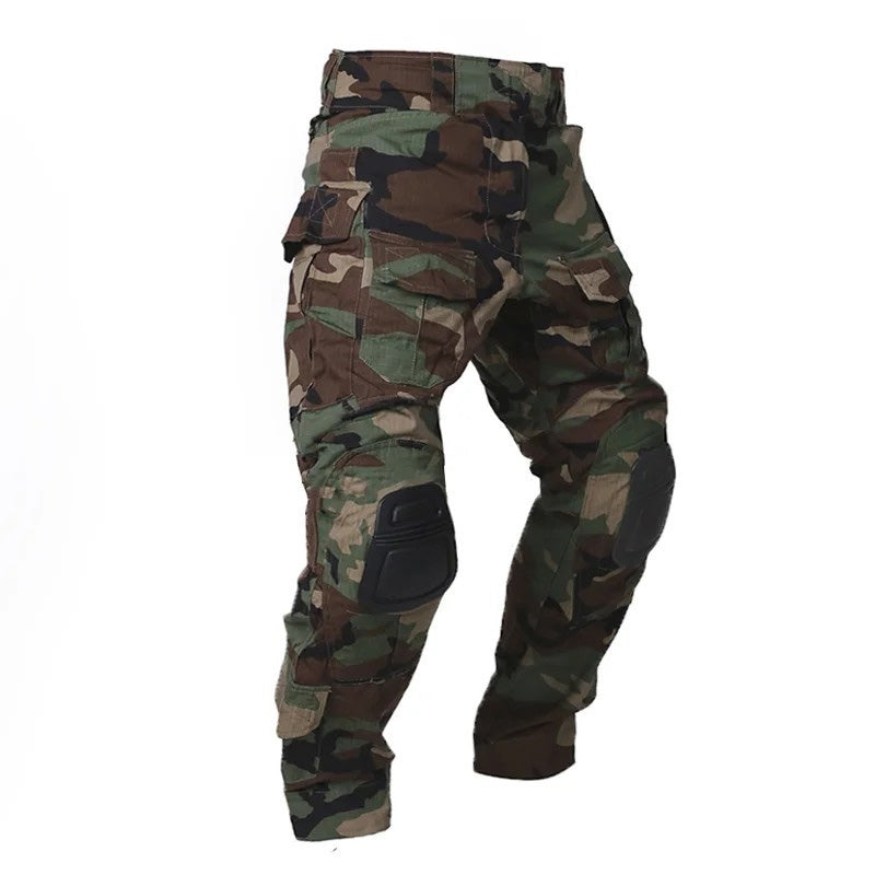 Men’s tactical cargo pants with integrated knee pads, adjustable straps, multiple pockets, and durable cotton-polyester fabric for outdoor work and rugged activities.