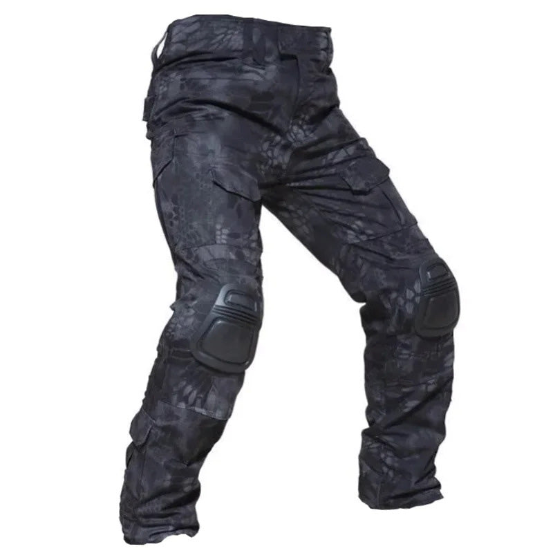 Men’s tactical cargo pants with integrated knee pads, adjustable straps, multiple pockets, and durable cotton-polyester fabric for outdoor work and rugged activities.
