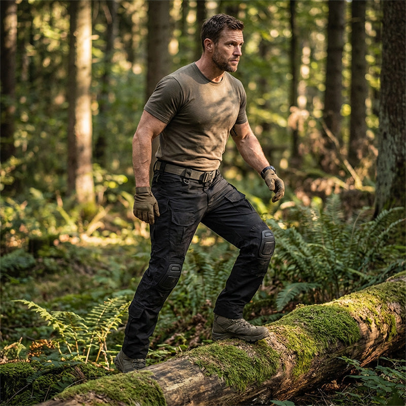 Men’s tactical cargo pants with integrated knee pads, adjustable straps, multiple pockets, and durable cotton-polyester fabric for outdoor work and rugged activities.