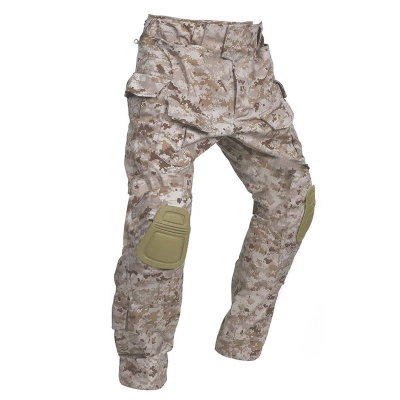 Men’s tactical cargo pants with integrated knee pads, adjustable straps, multiple pockets, and durable cotton-polyester fabric for outdoor work and rugged activities.