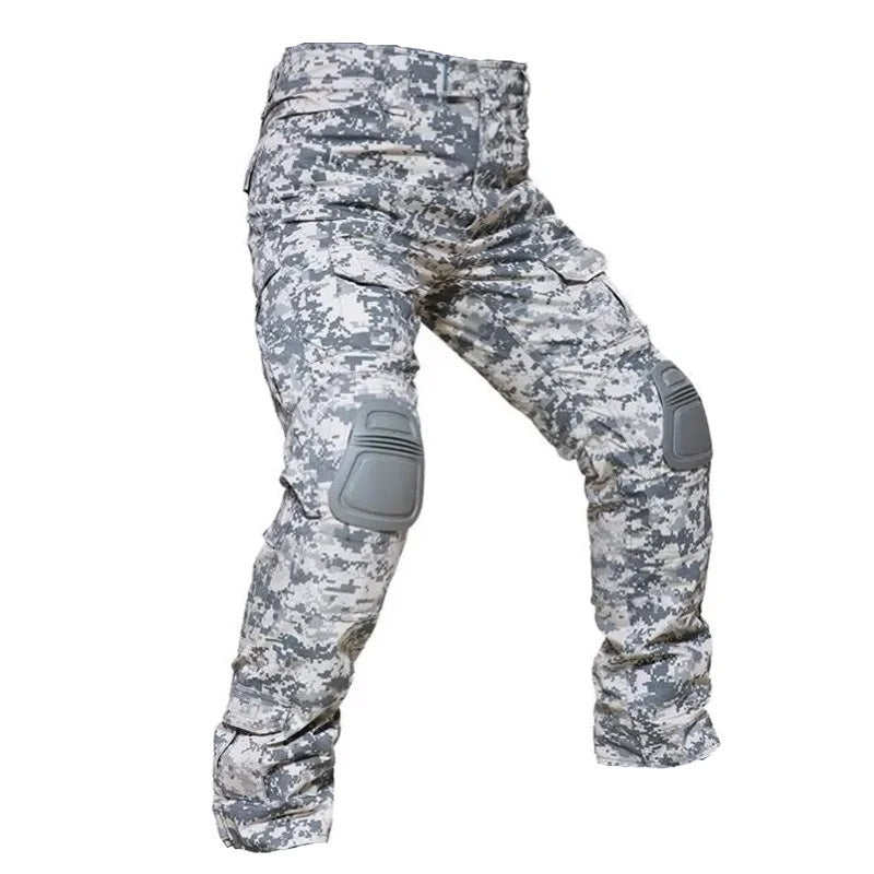Men’s tactical cargo pants with integrated knee pads, adjustable straps, multiple pockets, and durable cotton-polyester fabric for outdoor work and rugged activities.