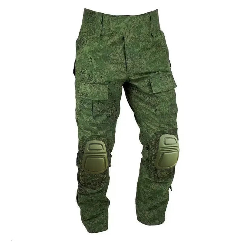 Men’s tactical cargo pants with integrated knee pads, adjustable straps, multiple pockets, and durable cotton-polyester fabric for outdoor work and rugged activities.