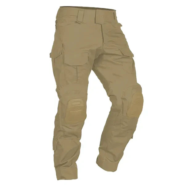 Men’s tactical cargo pants with integrated knee pads, adjustable straps, multiple pockets, and durable cotton-polyester fabric for outdoor work and rugged activities.