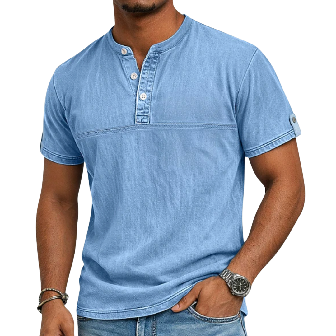 Men’s stand collar short sleeve Henley shirt with modern relaxed summer fit.