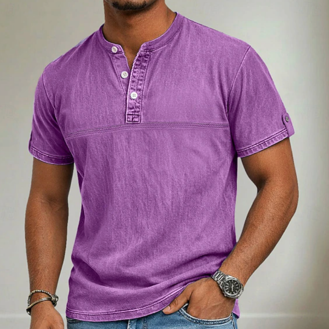 Men’s stand collar short sleeve Henley shirt with modern relaxed summer fit.