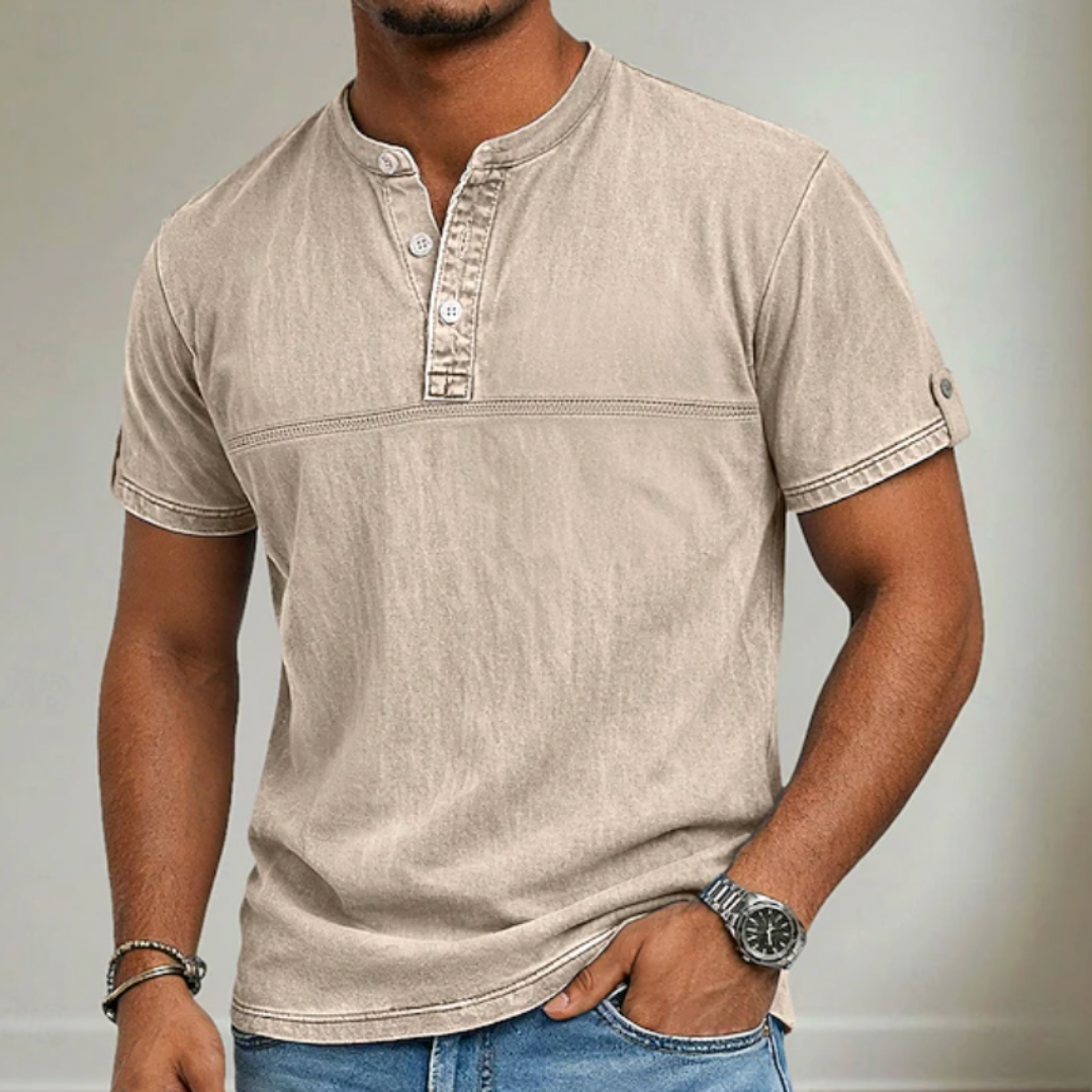 Men’s stand collar short sleeve Henley shirt with modern relaxed summer fit.