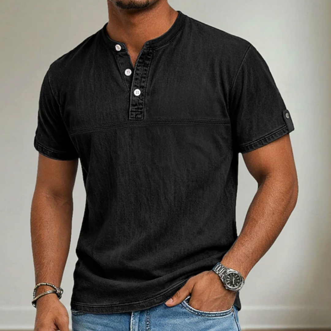 Men’s stand collar short sleeve Henley shirt with modern relaxed summer fit.