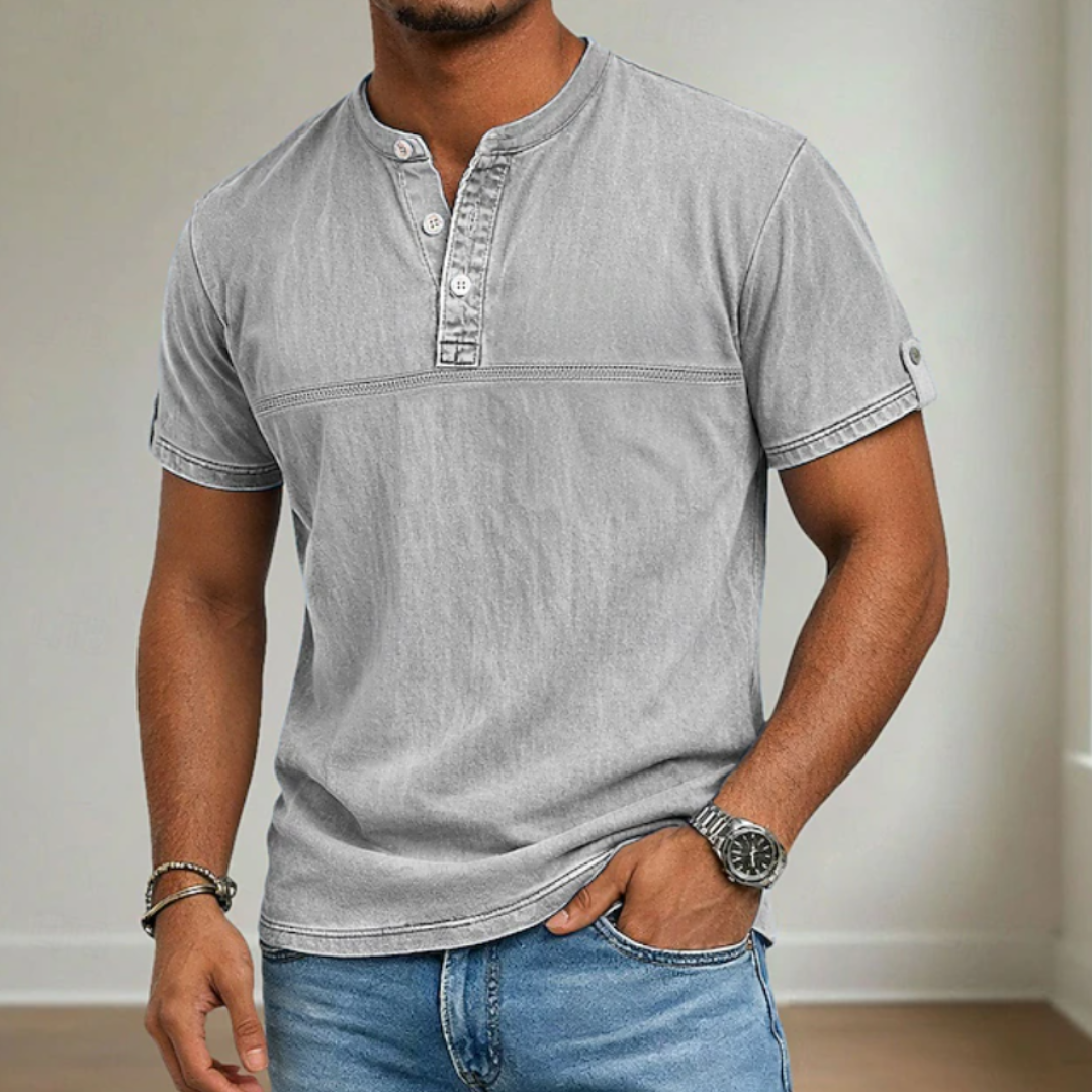 Men’s stand collar short sleeve Henley shirt with modern relaxed summer fit.